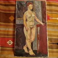 nøgen stående kvinde oliemaleri afslappet H. Smidth original kunst gammelt billede